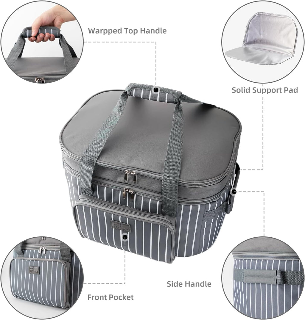 Fun Elements Double Layer Slow Cooker Carrier Bag for 6-8 Quart Oval Crock-Pot, Insulated Crock Pot Travel Bag with Support Pad and Adjustable Straps, Top Zip Compartment and Front Pocket for Utensils