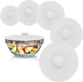 Silicone Bowl Lids White, Set of 5 Reusable Suction Seal Covers for Bowls, Pots, Cups. Food Safe. Natural grip, interlocking handles for easy use and storage.