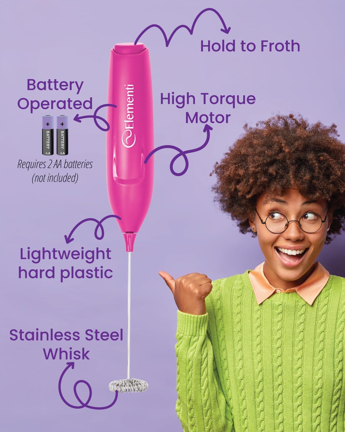 Elementi Pink Milk Frother Wand & Matcha Mixer, Mini Electric Whisk - Coffee Mixer Wand - Coffee Stirrers Electric Matcha Whisk (Hot Pink)