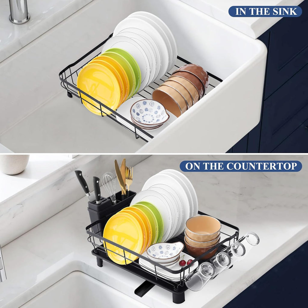 Homaxy Dish Drying Rack for Kitchen Counter (16.93''L x 12.99''W), Space-Saving Dish Drainer Rack Set with Drainboard, Large Dish Rack with Utensil Holder, Cup Rack and Knife Slots, Black