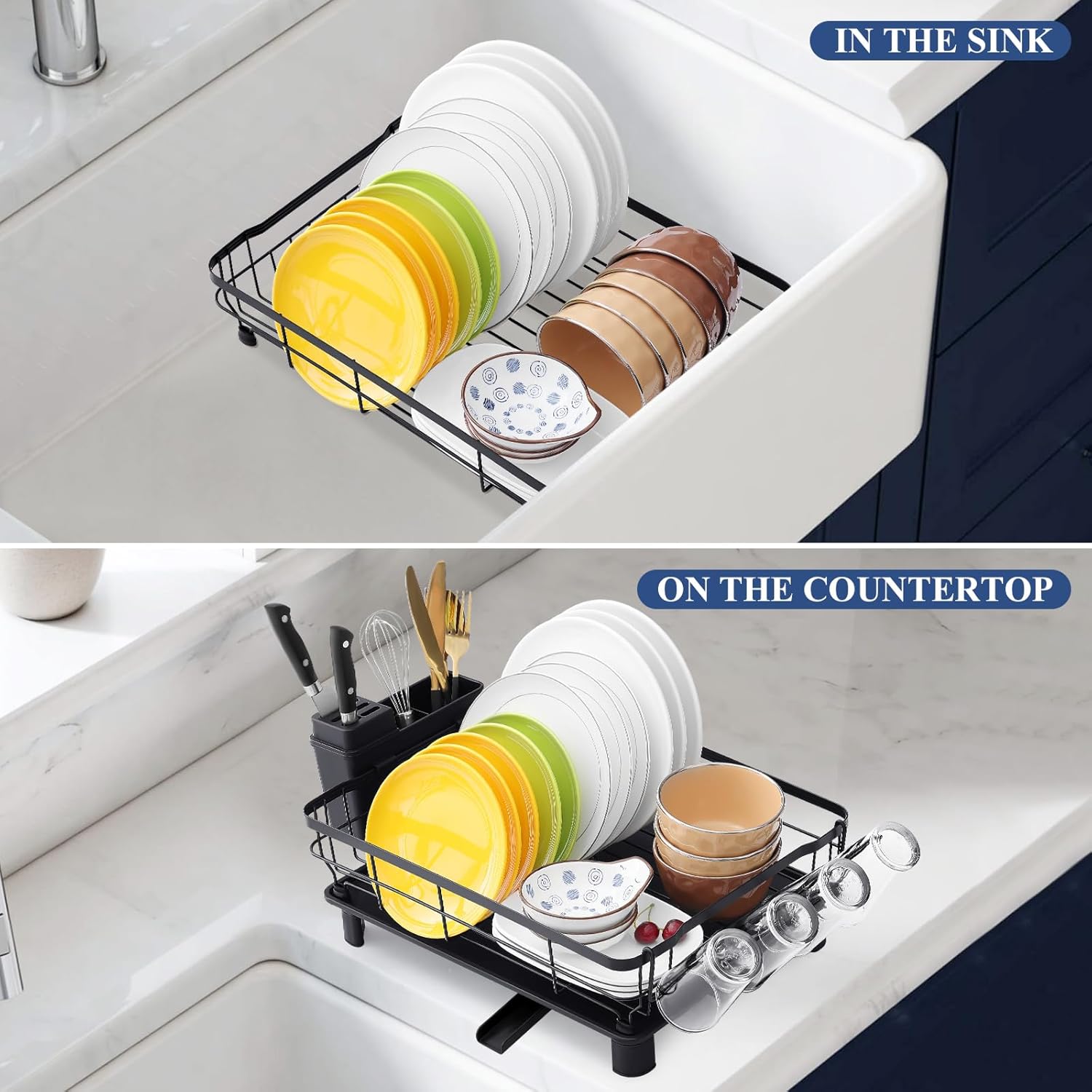 Homaxy Dish Drying Rack for Kitchen Counter (16.93''L x 12.99''W), Space-Saving Dish Drainer Rack Set with Drainboard, Large Dish Rack with Utensil Holder, Cup Rack and Knife Slots, Black