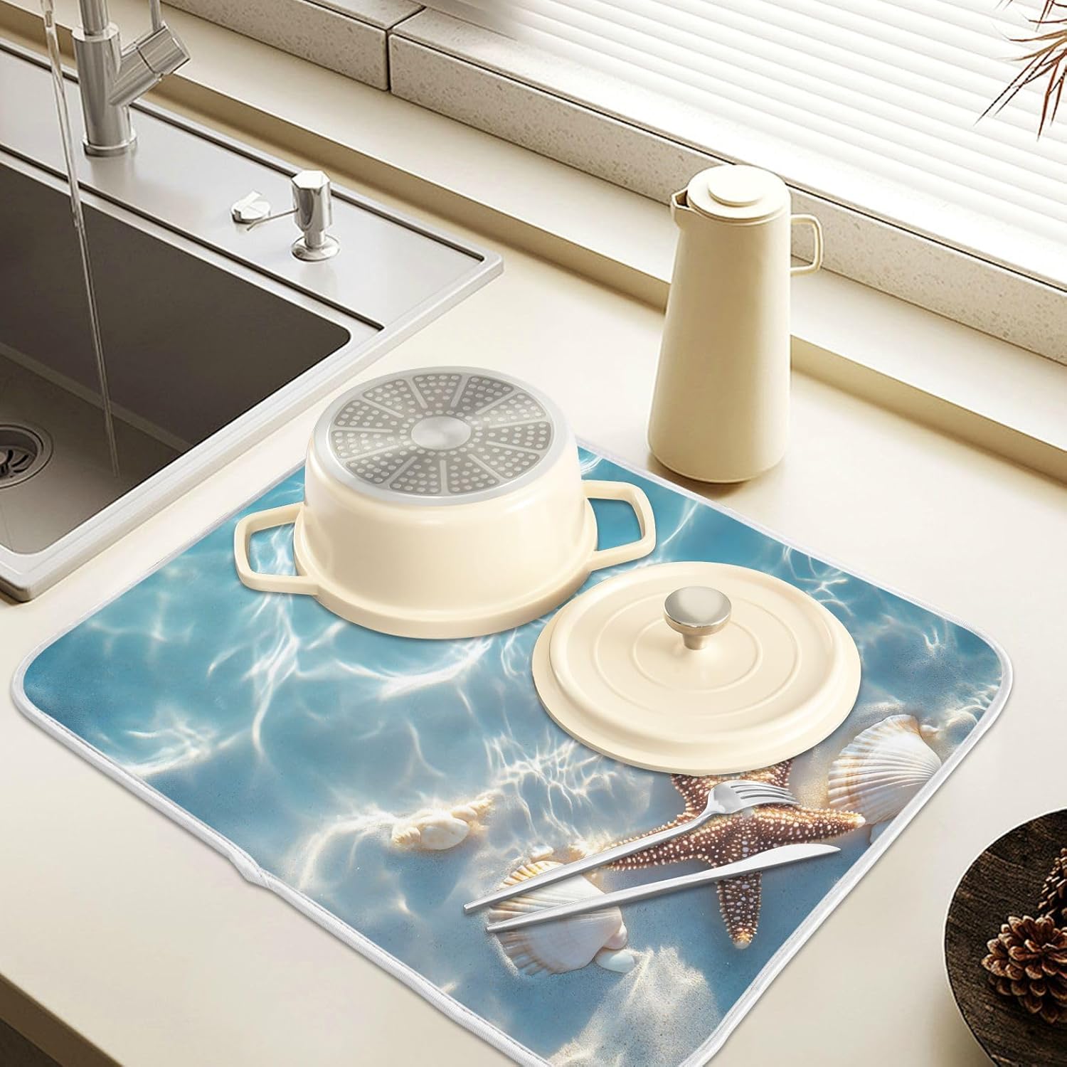 Starfish and Seashell on The Summer Beach Dish Drying Mat for Kitchen Counter Absorbent Microfiber Small Drying Pad Dish mats for Kitchen Countertops 16 x 18 Inch