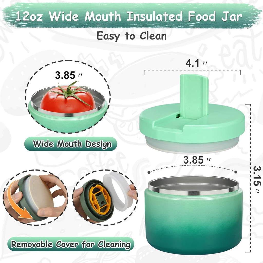 12oz Insulated Vacuum Food Jar with Buckle Lid Wide Mouth Soup Thermo for Hot Food Kids Leakproof Stainless Steel Lunch Container (Gradient Green, 12OZ)