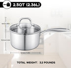 Leetaltree 2.5 Quart Stainless Steel Saucepan with Glass Strainer Lid, Thicken Tri-ply Ful Body, Multipurpose Sauce Pot with Two-Size Drainage Holes Lid, Perfect For Boiling Gravies, Pasta, Noodles