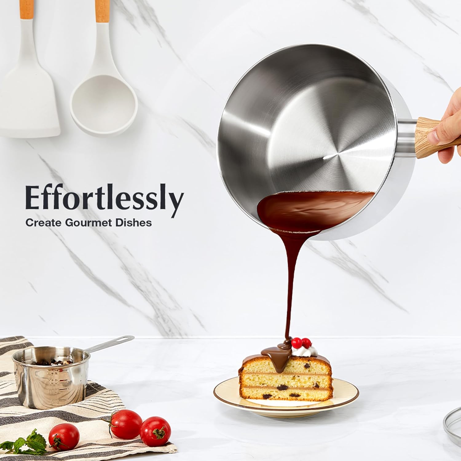 KOCH SYSTEME CS Stainless Steel Saucepan Set, 4-Piece Stainless Steel Sauce Pan with Cool-Touch Bakelite Handle, 1 QT & 2 QT Saucepan with Lid, Steel Pots Induction Ready