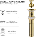 Pop up Sink Drain Stopper for Bathroom Vessel Vanity Sink Art Basin Brushed Gold, Small Cap with Overflow, Metal Pop-up Drain Strainer with Detachable Basket Stopper