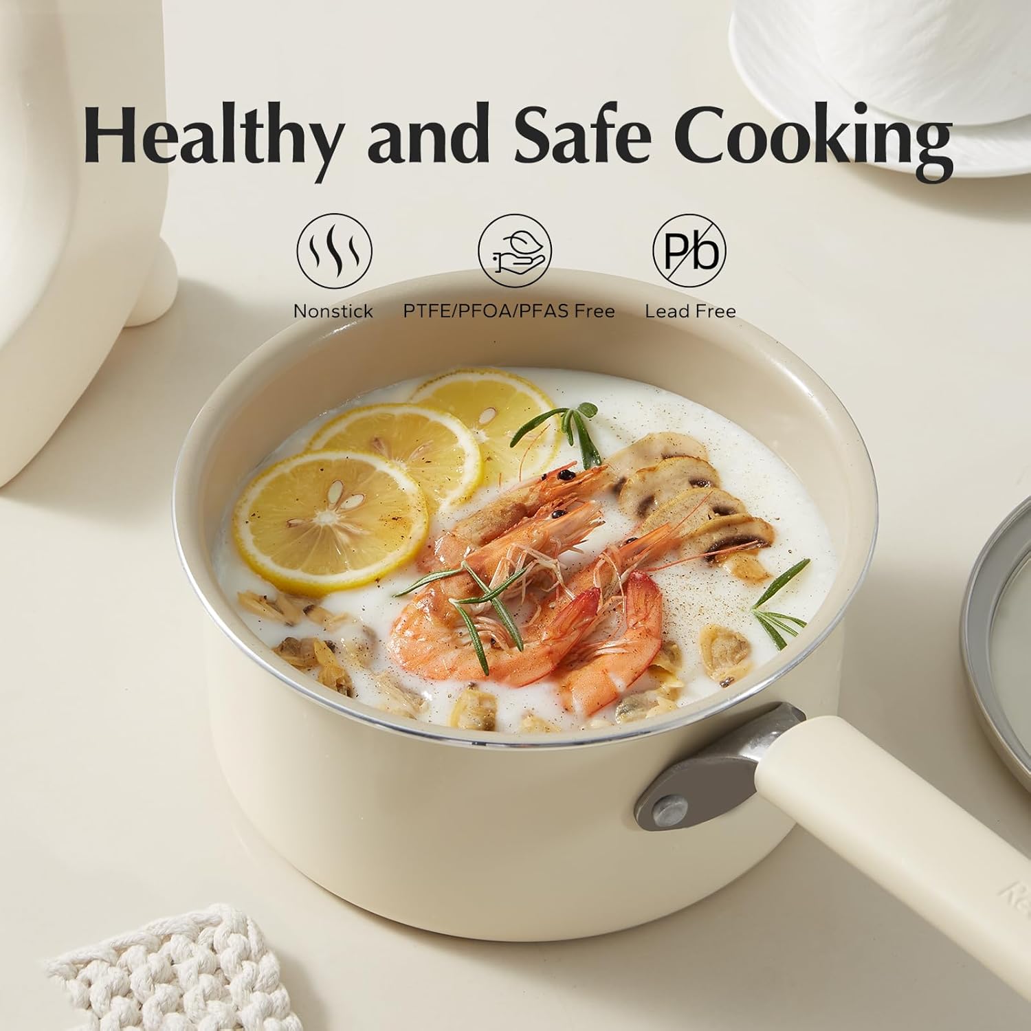 Redchef Ceramic Nonstick Saucepan with Lid, 2.5QT Small Cooking Pot, Non Toxic Sauce Pans for Kitchen, Cool Handle PFAS Free Compatible with All Cooktops, White