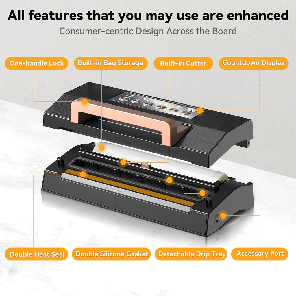 2025 Black Stainless Steel Food Vacuum Sealer, VACAPEX Deluxe Vacuum Sealer Machine with 11" Double Heat Seal and Automatic One-Touch System, Bags Storage & Cutter, Easy-Lock Handle with 2 Bag Rolls
