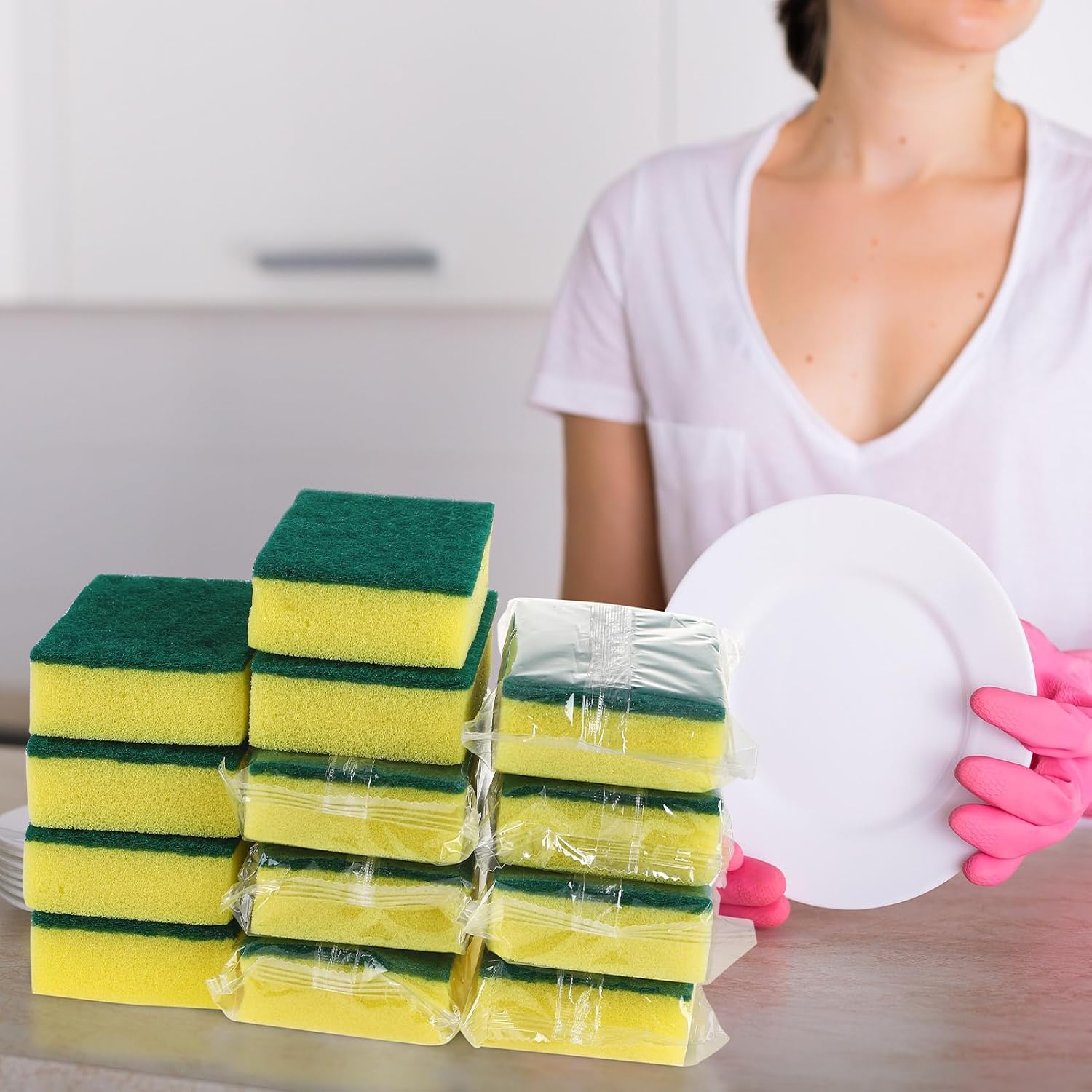 50 Pcs Individually Wrapped Sponges, Uncompressed Non Scratch Scrouing Sponges for Household Cleaning Dishes Kitchen Airbnb Apartment Car Bike Green