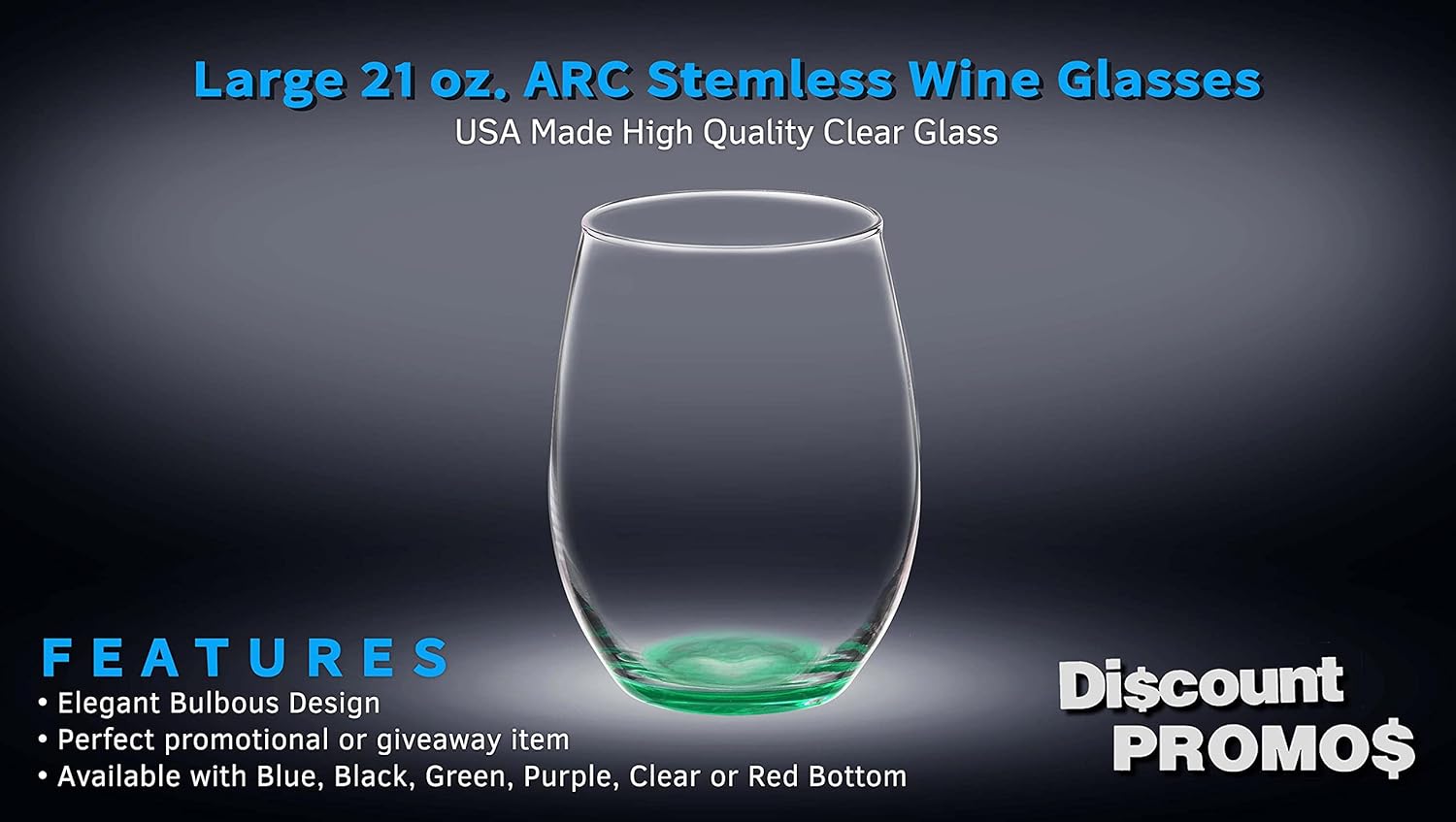 DISCOUNT PROMOS 10 ARC Stemless Wine Glasses Set, 21 oz. - Chardonnay, Cabernet, Merlot, Sauvignon - Green