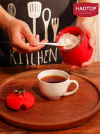 HAOTOP 12oz Sugar Bowl with Lid and Spoon,Simple Ceramic Sugar Jar Sugar Container Sugar Dispenser Coffee Bar Accessories, Modern Kitchen Countertop Canisters, Red