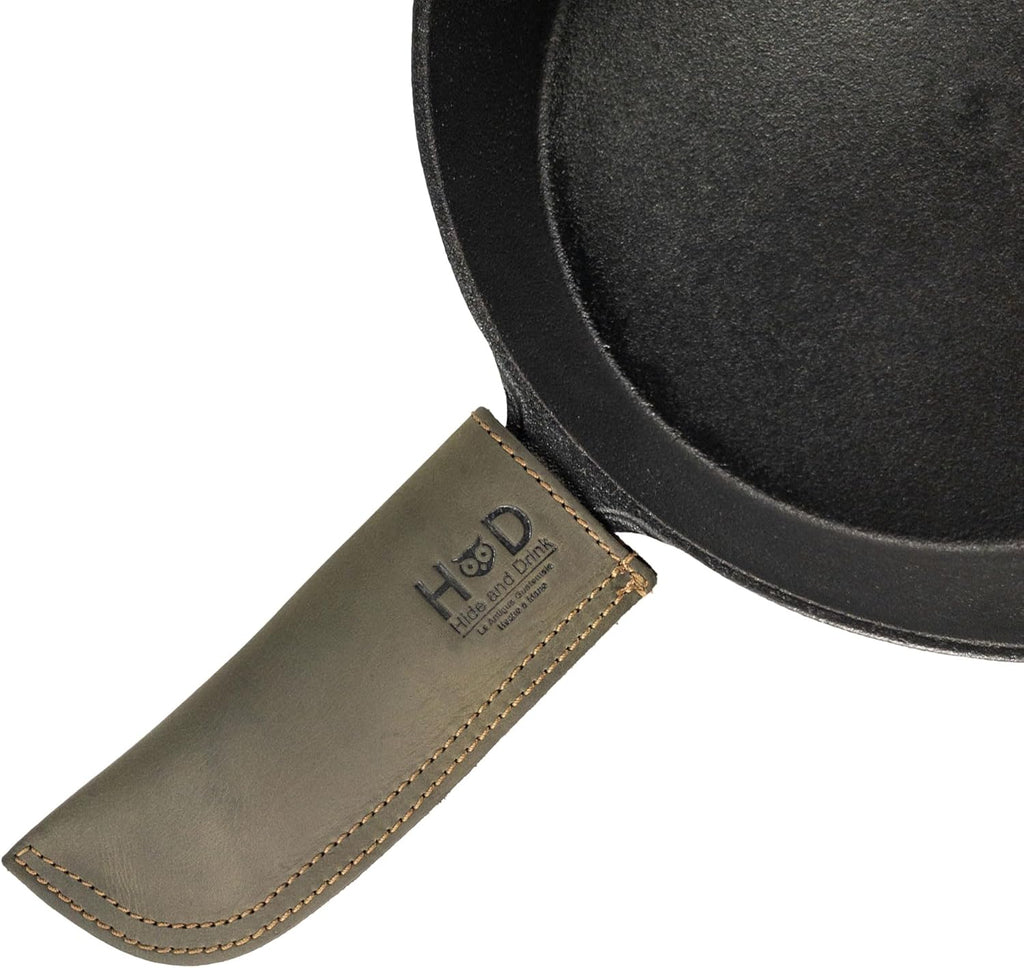 Hide & Drink, Hot Handle, Cast Iron Protector, Panhandle Potholder, Double Layered, Double Stitched, Slides On/Off Easily onto Metal Skillet Grips, Full Grain Leather, Handmade, Dark Jade