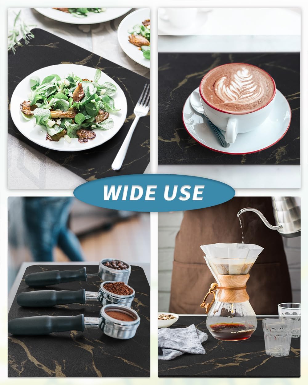 AMOAMI Coffee Mat - Hide Stain Rubber Backed Absorbent Dish Drying Mat for Kitchen Counter - Black & Gold