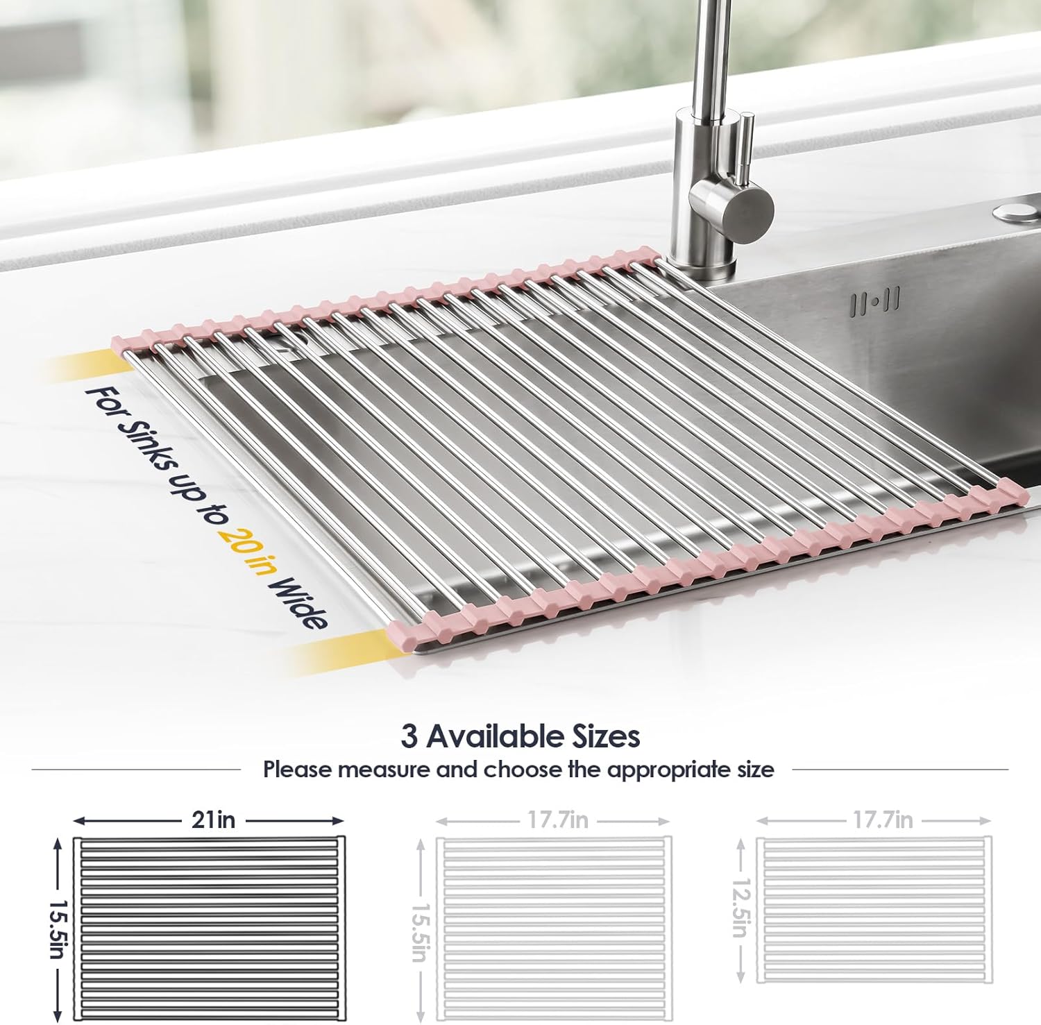 Tomorotec 21" x 15.5" Roll Up Dish Drying Rack Over Sink Drying Rack Sink Cover Kitchen Sink Accessories Gadget Multipurpose Organizer Foldable Stainless Steel Drainer