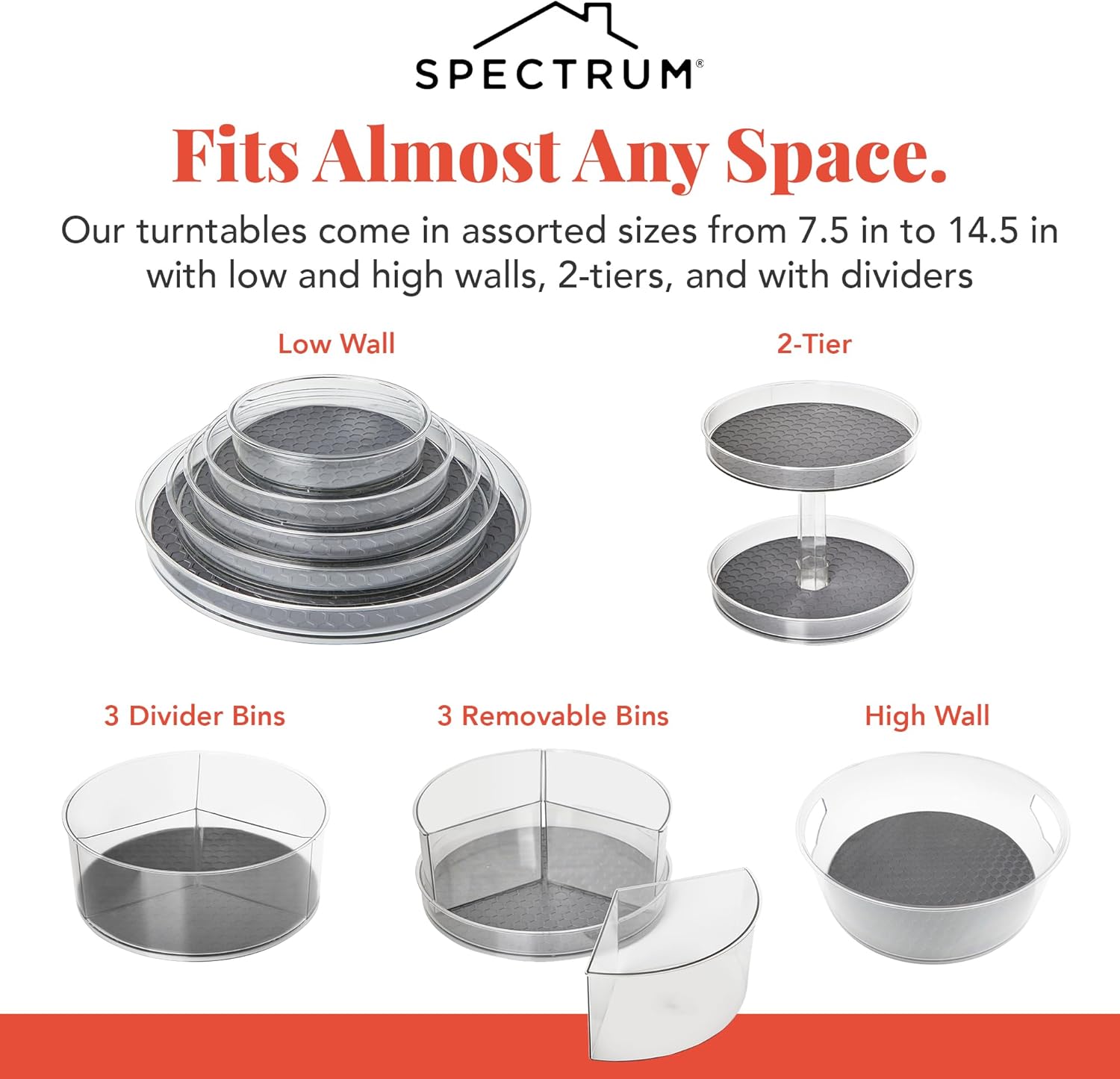 Spectrum Large Lazy Susan Organizer 11 in for Large Cabinet Fridge Pantry Table Shelf Bath Kitchen Organization, Charcoal Gray Rotating Turntable Spinning Storage for Condiments Spice Bottles
