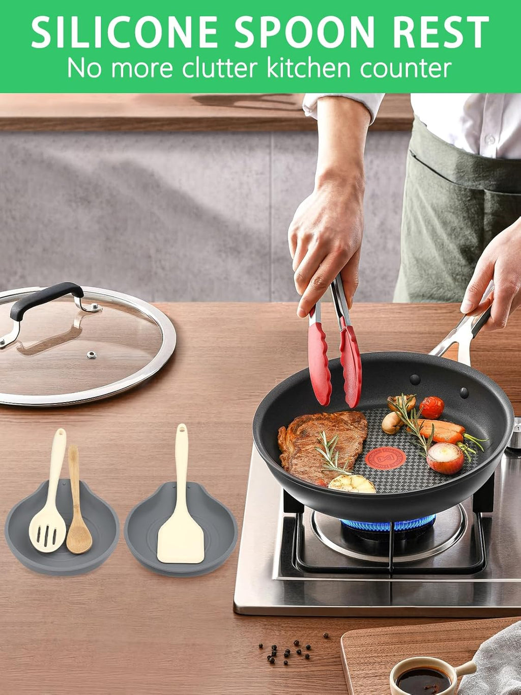 6.1" Large Spoon Rest for Stove Top, Silicone Spoon Rest for Kitchen Countertop Set of 2 Gray, Heat-Resistant Utensil Rest for Spatula, Tongs or Spoon