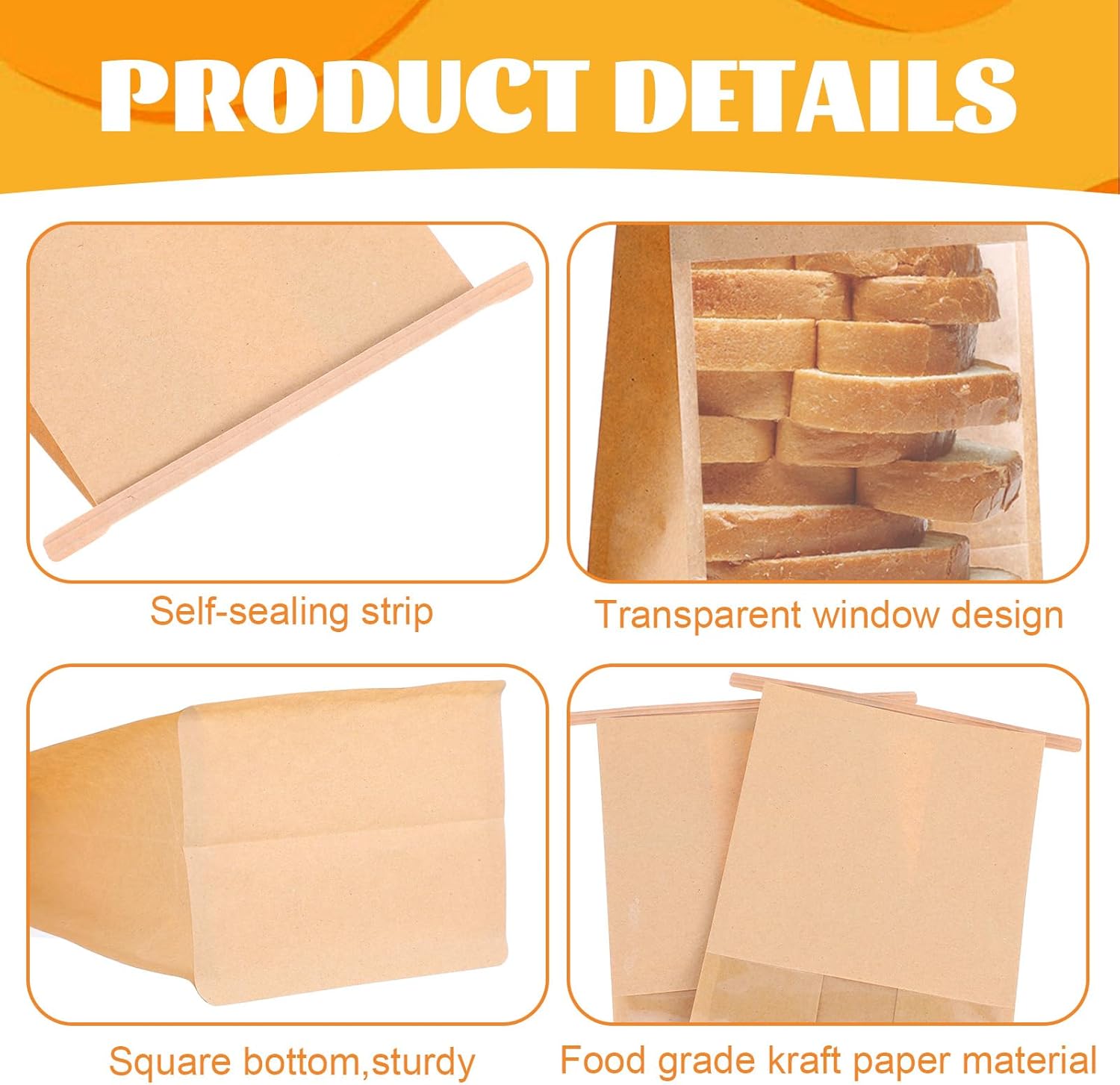 Tobeelec 100 Pcs Brown Kraft Paper Bread Bags with Window, Tin Tape Lock, Eco-Friendly, Disposable, 11 x 4 Inches