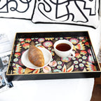 Spsyrine Decorative Serving Tray with Handles, Black Lacquered Coffee Table Tray for Ottoman, Rectangle Waterproof Platters for Centerpieces, Parties, Living Room, Kitchen Counter Organization Peacock
