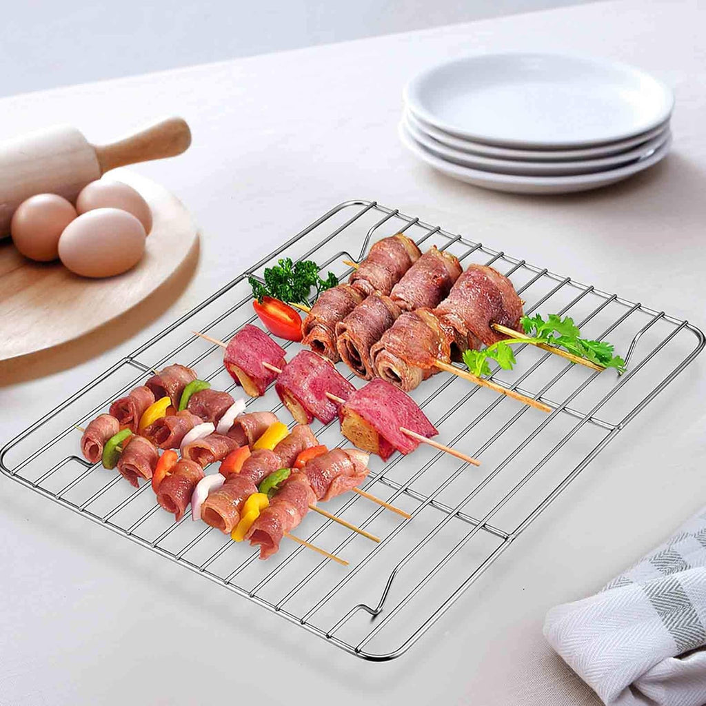 TeamFar 10.5’’ x 8’’ x 1’’ Toaster Oven Pan with Rack Set, Small Baking Pans Tray Stainless Steel with Cooling Rack Set of 4, Non-Toxic & Heavy Duty, Mirror Finish & Dishwasher Safe