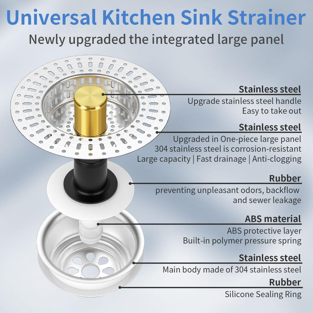 Upgraded 3 in 1 Kitchen Sink Drain Strainer - Stainless Steel Sink Stopper, Anti-Clogging Sink Food Catcher Basket, Fast Drainage Odor Filter Sink Plug(golden-2pcs)