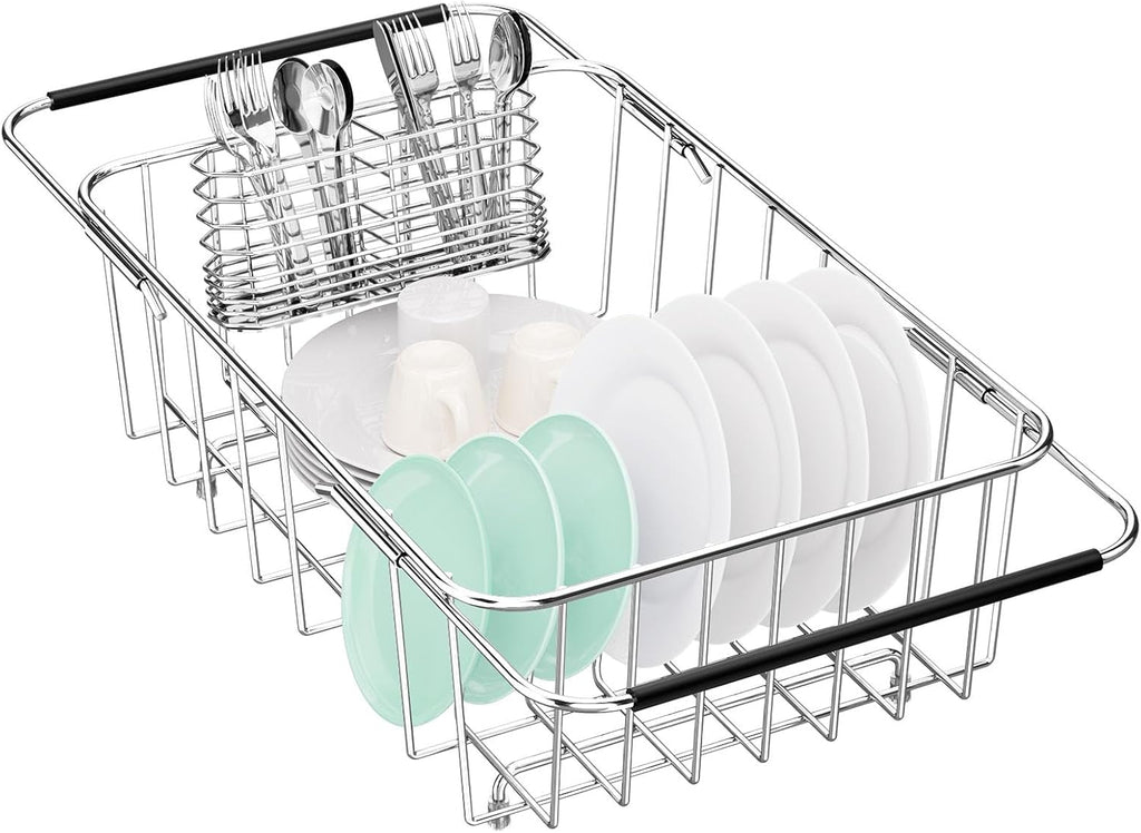 Dish Drainer Rack in Sink Adjustable, Expandable 304 Stainless Steel Metal Dish Drying Rack Organizer with Stainless Steel Utensil Holder Over Inside Sink Counter, Rustproof