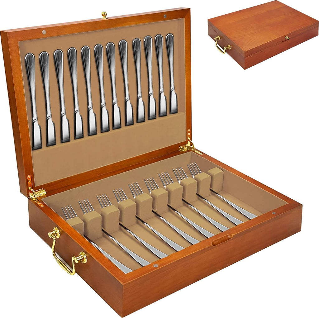 Silverware Storage Box Solid Wood with Lid, Silverware Organizer with Handle and Felt Lined, Silverware Storage Chest for Flatware and Utensils Home Decor Gift, Chest for Flatware Setting Up 15