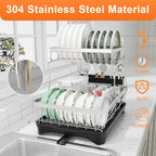 Dish Drying Rack - 2-Tier 304 Stainless Steel Dish Rack for Kitchen Counter, Adjustable Spout Auto-Draining Dish Rack, Kitchen Organizers and Storage Rack with Drainboard and Cutlery Holder Black