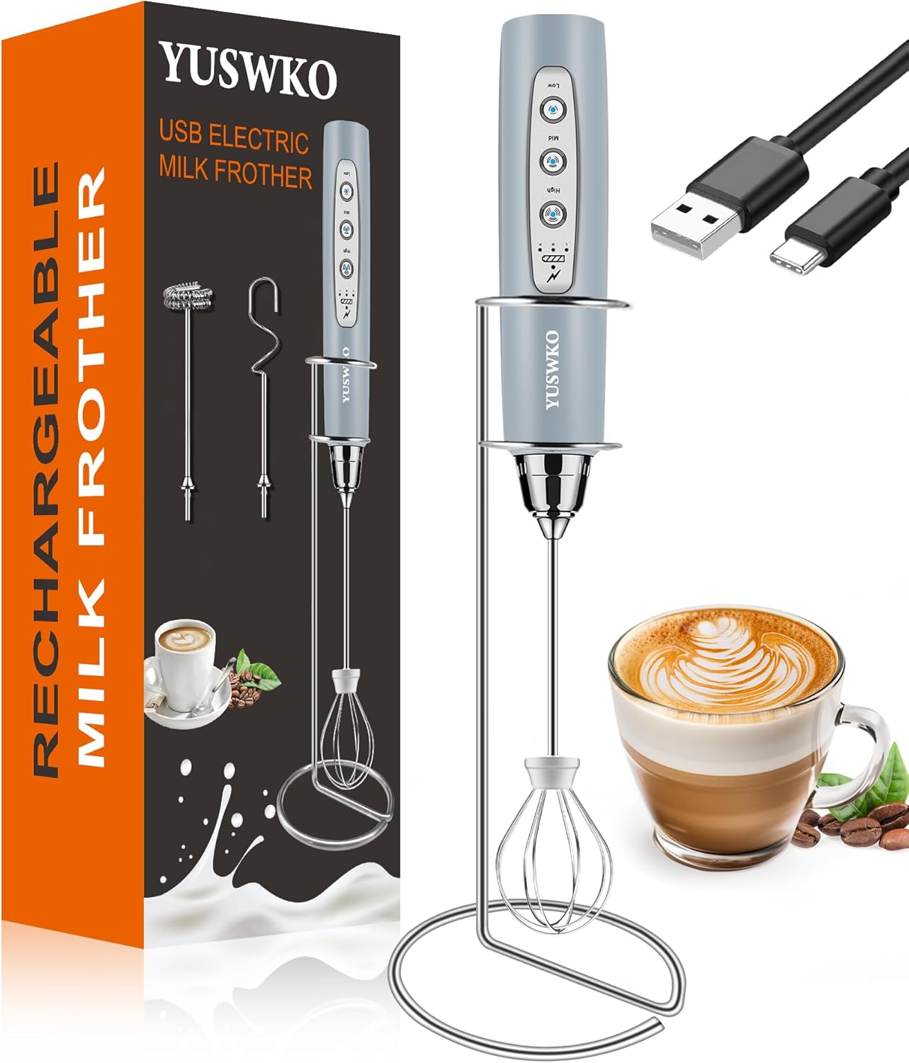YUSWKO Rechargeable Milk Frother for Coffee, Handheld Drink Mixer with 3 Heads 3 Speeds, Ideal Electric Stirrers for Travel