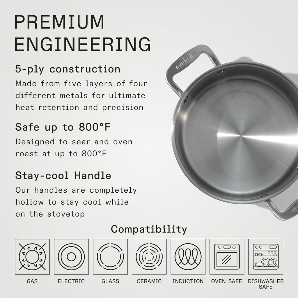 Made In Cookware - 6 Quart Stainless Steel Stock Pot With Lid - 5 Ply Stainless Clad - Professional Cookware - Crafted in Italy - Induction Compatible