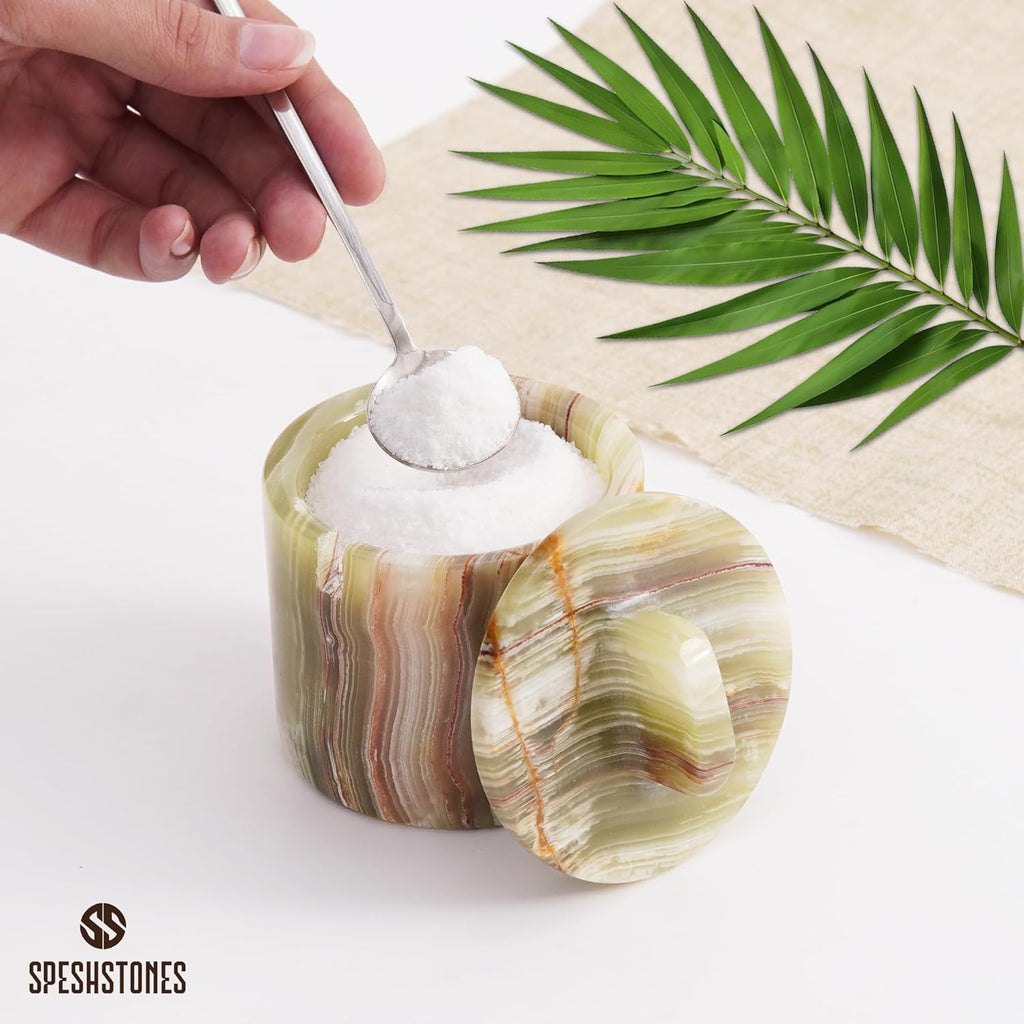 Marble Salt Cellar with Lid and Spoon 4 Inch Handmade Green Small Seasoning Containers - Decorative Spice Jars, Sugar Bowl & Flaky Salt Dish for Kitchen Countertop Storage