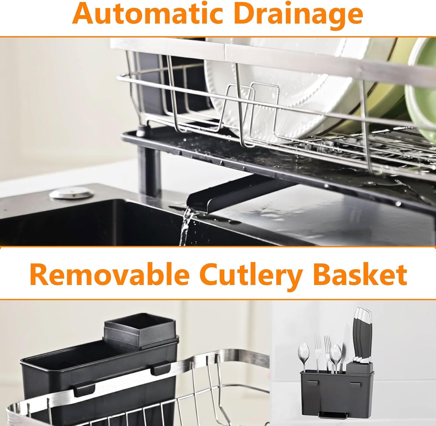 Stainless Steel Dish Drying Rack with Drainboard Dish Drainers for Kitchen Counter Extendable Spout Strainers with Utensil Holder and Knife Slots, Black
