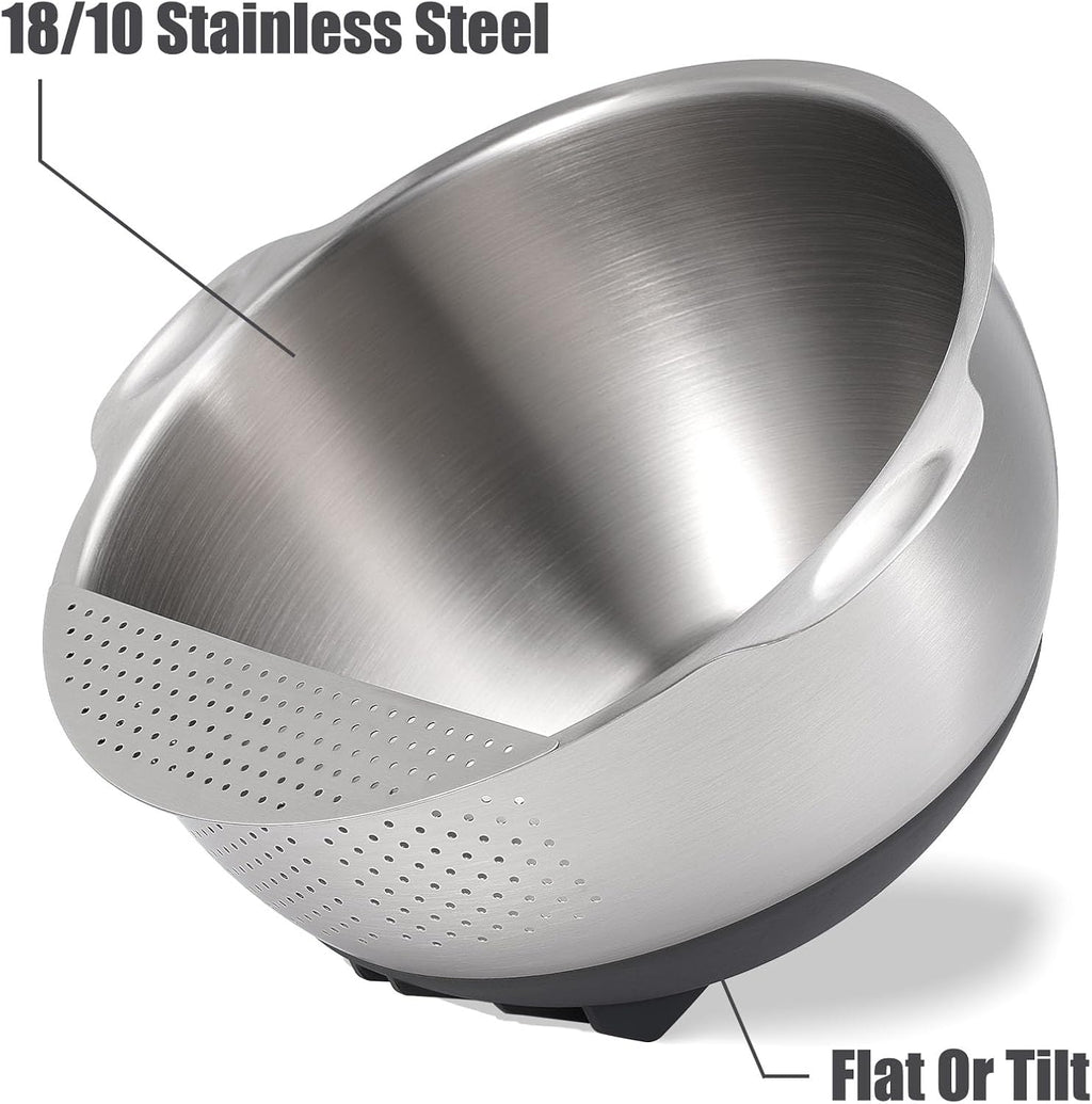 18/10 Stainless Steel Rice Strainer Washer Bowl Versatile Good Grips Colander Tiltable Side Drainers for Washing Cleaning Rinsing Fruits, Vegetables, and Beans - Non-slip Silicone Bottom