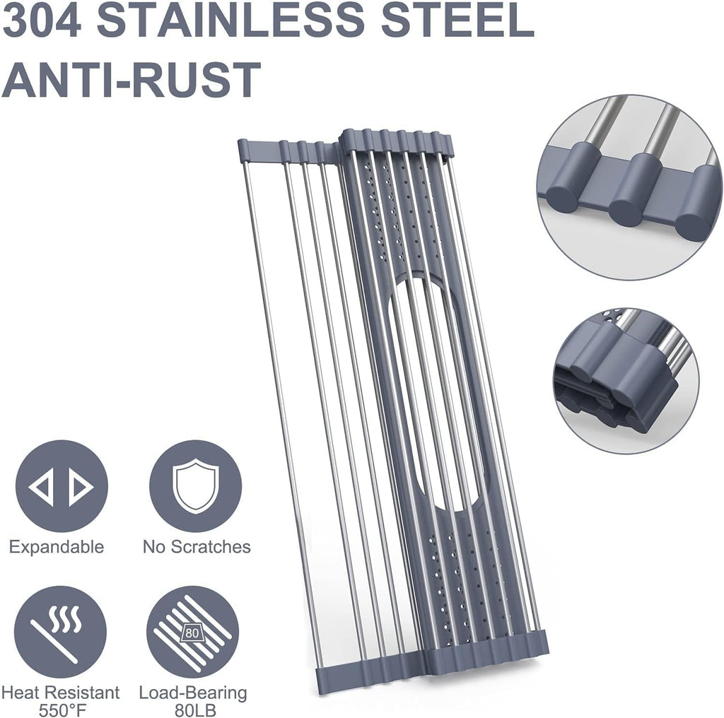 LEMIKKLE Roll Up Dish Drying Rack 17 x 15 Over The Sink Dish Drying Rack, Multi-Purpose Kitchen Rolling Dish Drainer Foldable SUS 304 Stainless Steel Dish Drying Rack