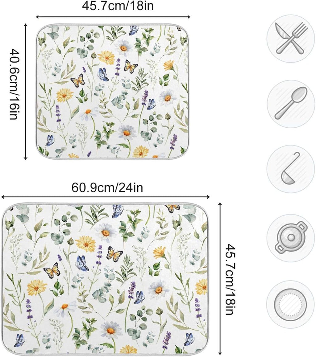 Wildflowers Butterflies Botanical Leaves Dish Drying Mat for Kitchen Counter Absorbent Microfiber Drying Pad, Medium 16x18 in, Reversible Drainer Mats
