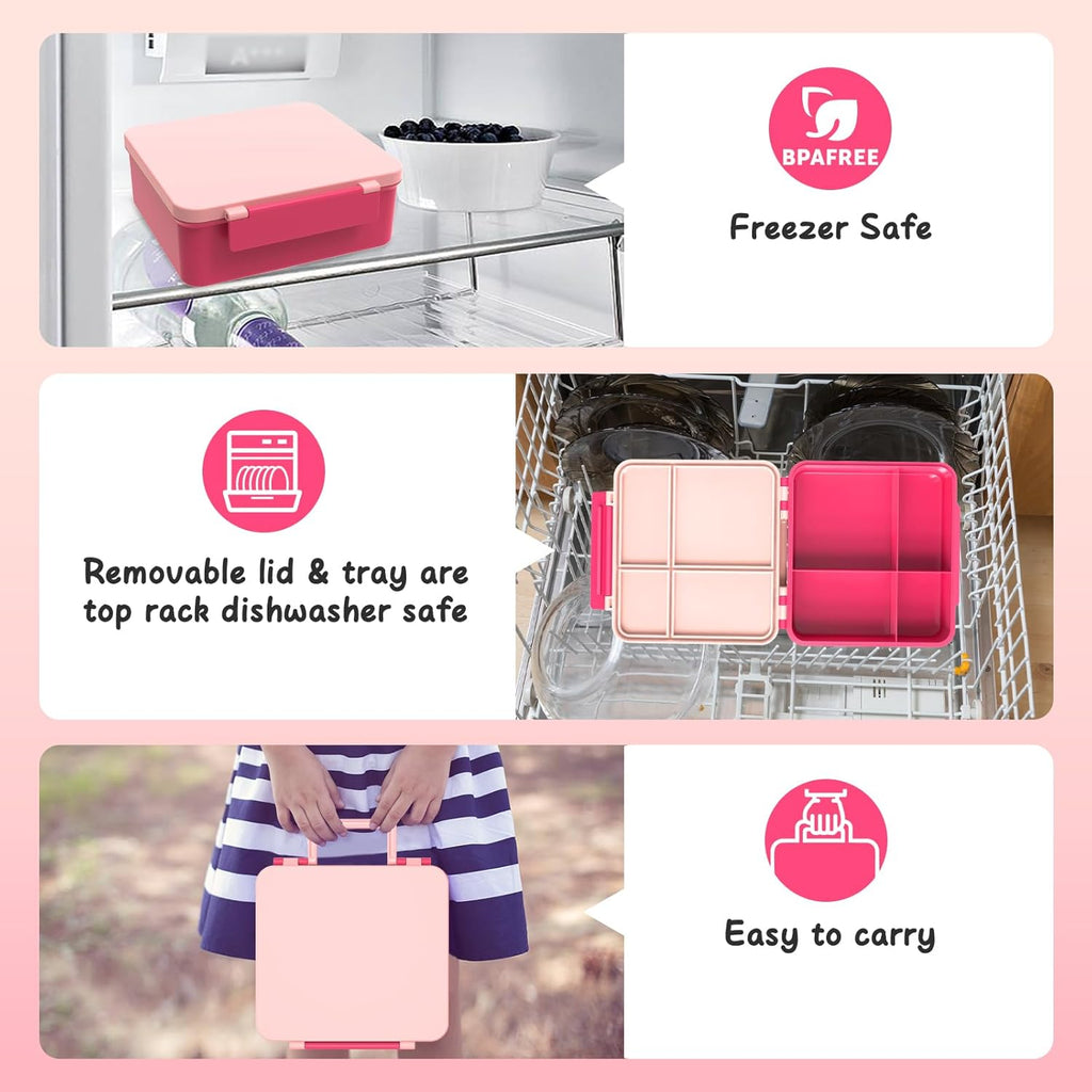 Bento Lunch Box with 8oz Soup Thermo, Leak-Proof Lunch Containers with 4 Compartment, Thermo Hot Food Jar and Insulated Lunch Box for School Pink