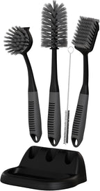 Dish Brush Set of 5 with Holder - Kitchen Scrub Brushes with Non-Slip Long Handle for Cleaning, Scrubber, Dishwashing, Dishes, Bottles, Straws, Cups, Pots & Sink, Black