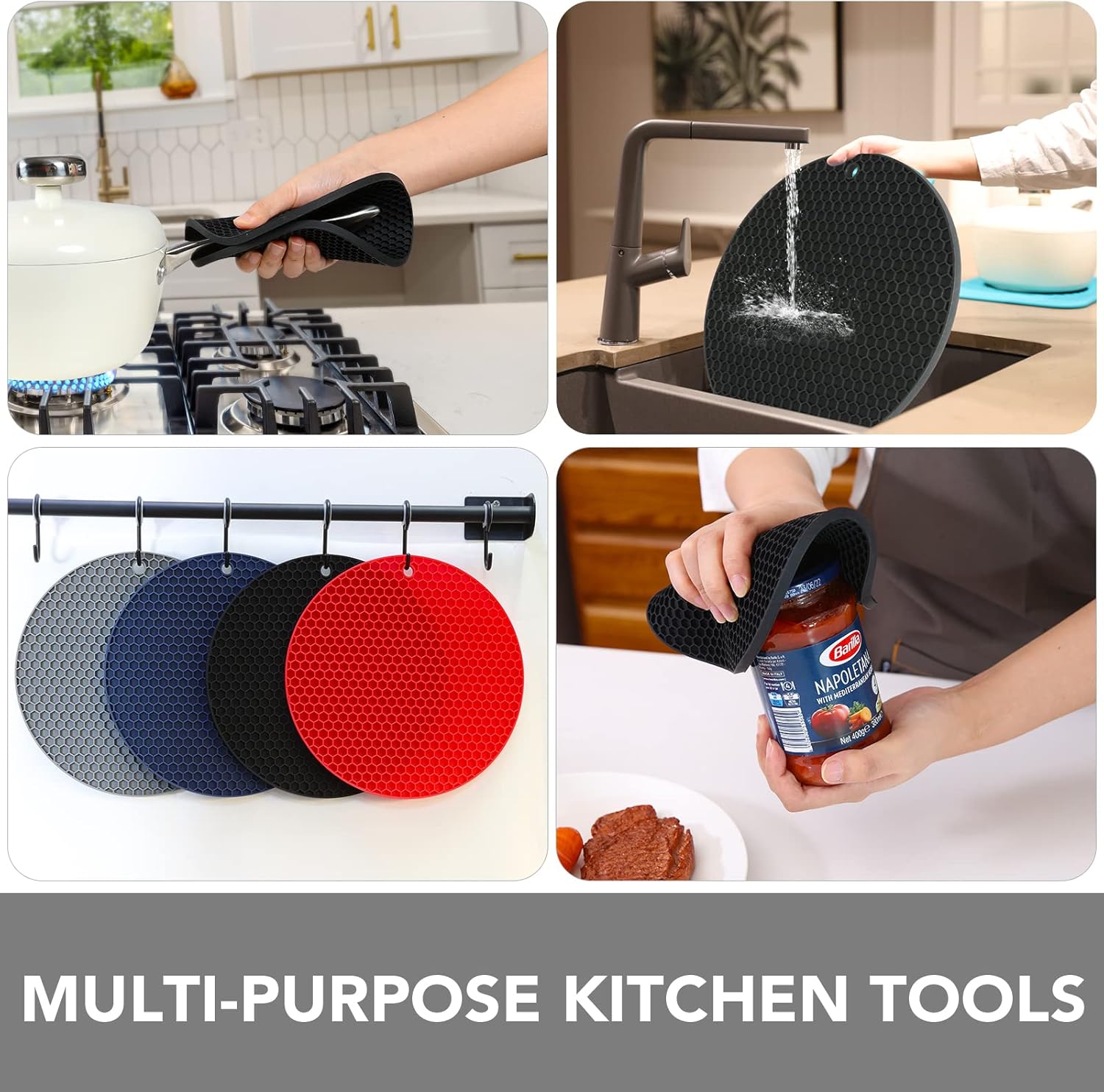 Joyhalo Trivets for Hot Dishes - Hot Pads for Kitchen, Silicone Pot Holders for Hot Pots and Pans, Silicone Mats for Kitchen Countertops, Table, Flexible Easy to Wash and Dry, Grey