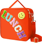 Insulated Lunch Bag With Adjustable Shoulder Strap, Nylon Preppy Lunch Box Large Insulated Lunch Bag Reusable Lunch Tote Bag with Smiley Preppy LunchBag for Girls School Travel Picnic (Orange)