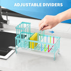 Cisily Turquoise Sponge Holder for Kitchen Sink, Sink Caddy Organizer with High Brush Holder, Kitchen Countertop Organizers and Storage Essentials, Rustproof 304 Stainless Steel, Soap Dispenser