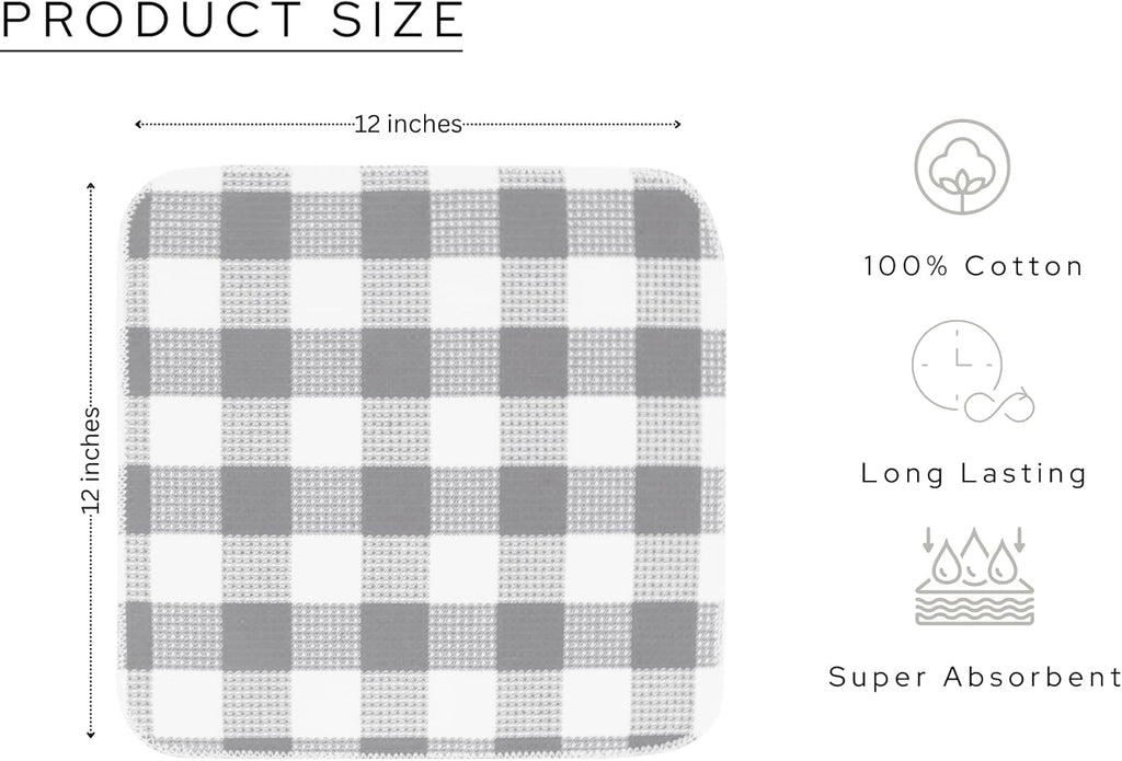 PurpleEssences Waffle Weave Plaid Dish Cloths, 100% Cotton - 12 x 12 Inches, Ultra Soft Absorbent Quick Drying Dish Towels Buffalo Check Dish Rags for Kitchen, 8 Pack - Spring Summer - Grey & White