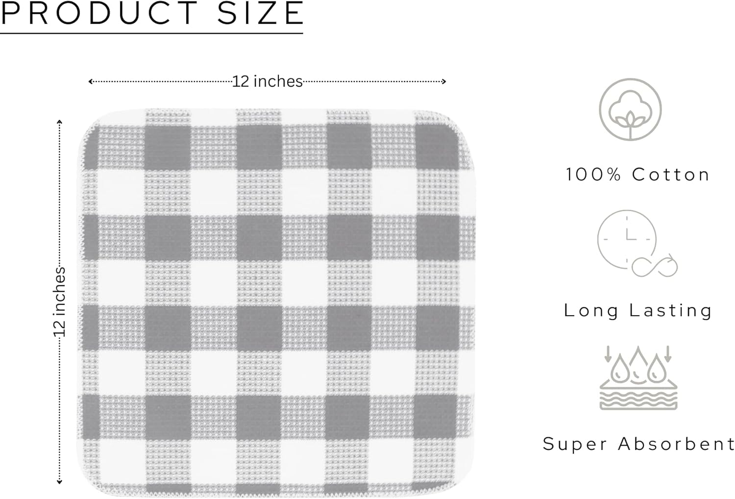 PurpleEssences Waffle Weave Plaid Dish Cloths, 100% Cotton - 12 x 12 Inches, Ultra Soft Absorbent Quick Drying Dish Towels Buffalo Check Dish Rags for Kitchen, 8 Pack - Spring Summer - Grey & White