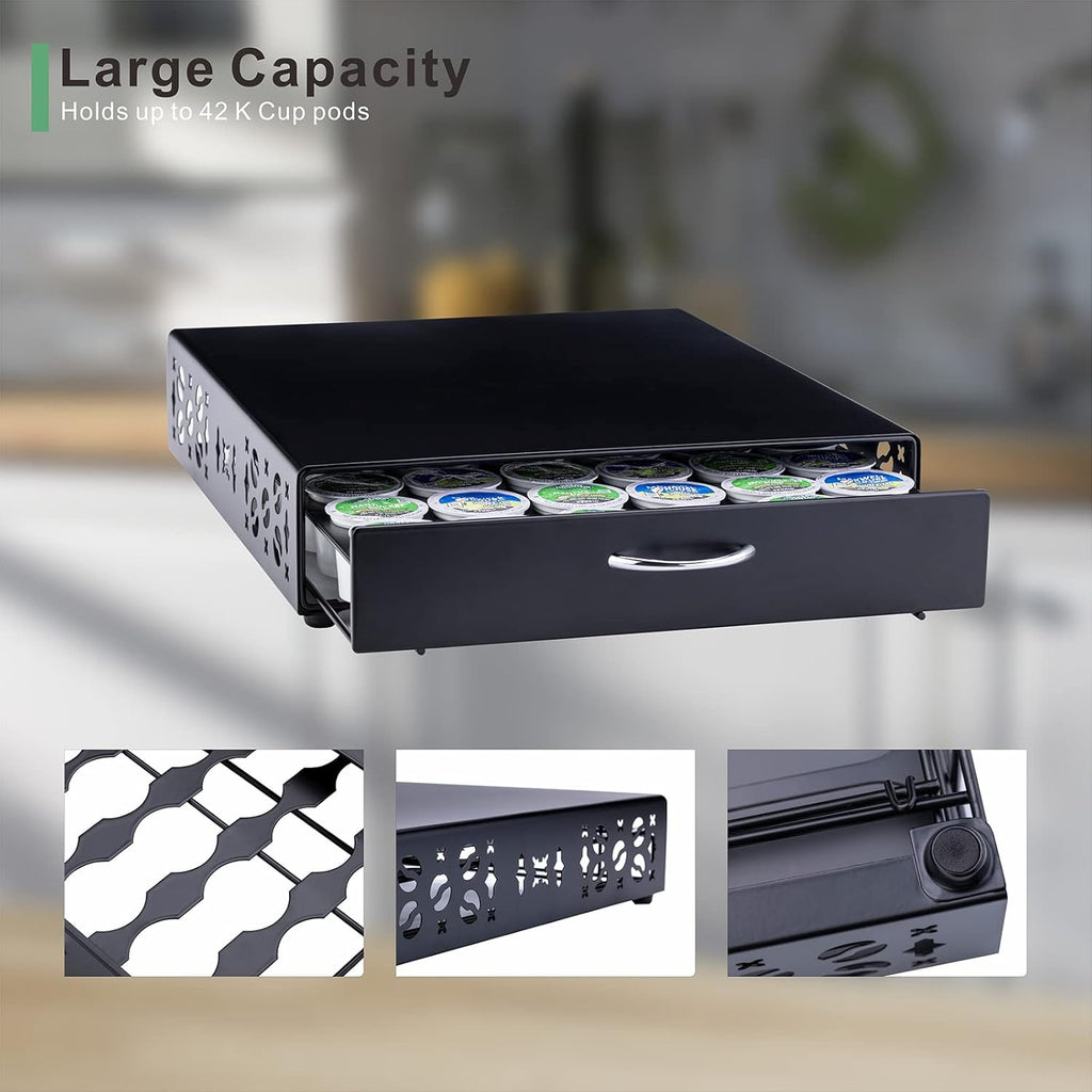 Rice rat K Cup Pod Holde iron Top Drawer,Coffee Pod Holder Capsule Display Storage compatibility 42 k cup (Black)
