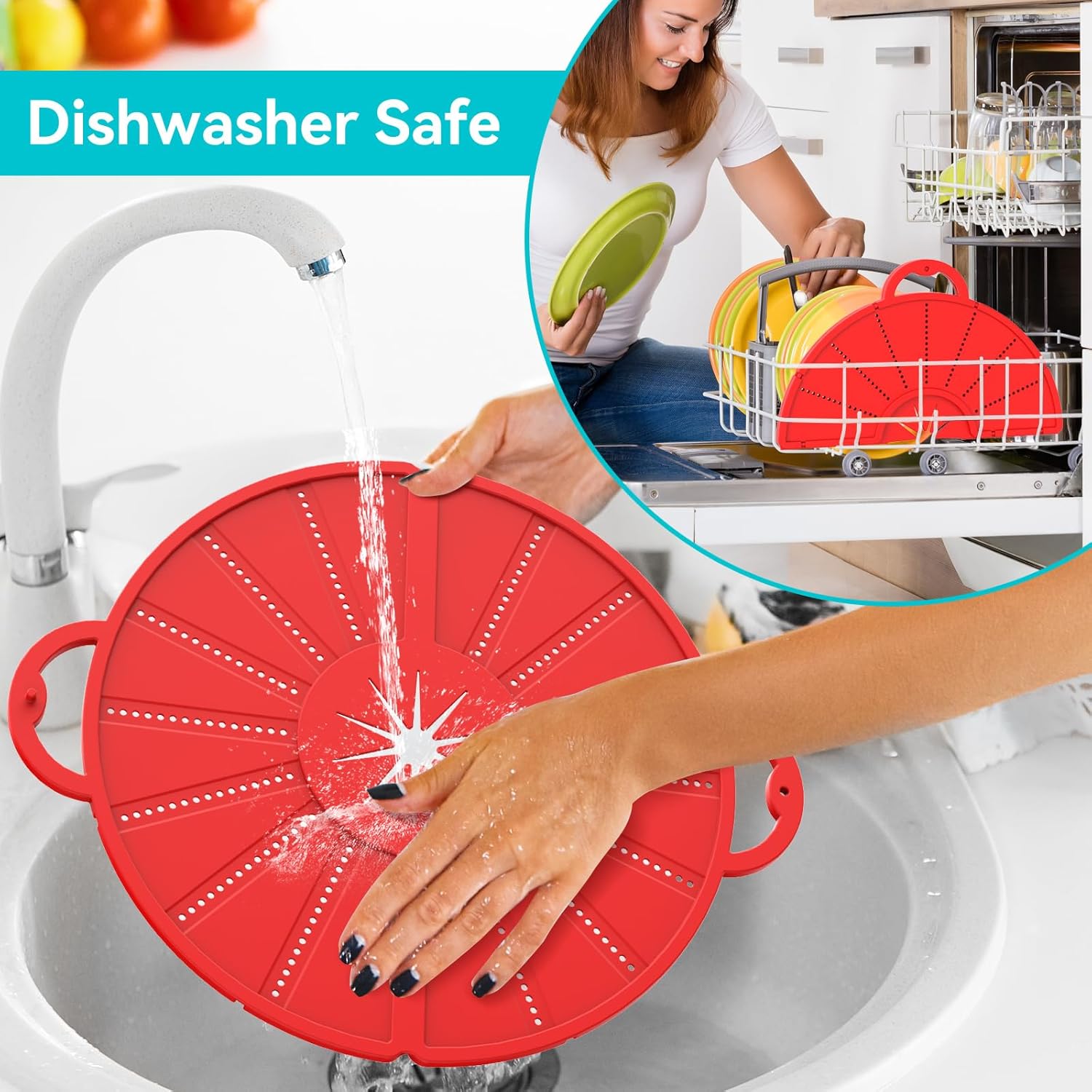 Silicone Splatter Screen for Frying Pan, Foldable Splash Guard, Multi-Use Grease Splatter Guard,Heat-Resistant Trivet Mat, 12" Non-Stick Oil Splatter Guard, Dishwasher Safe, BPA Free-red