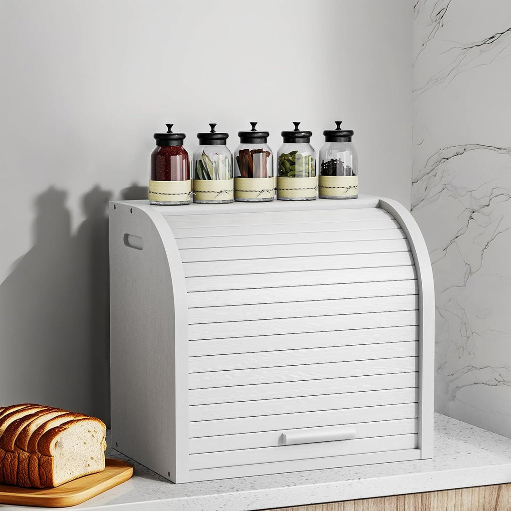 G.a HOMEFAVOR Bread Box: Large 2-Tier Bamboo Roll Top Bread Storage Container for Kitchen Counter, Bread Holder Food Bin for Countertop, Self-Assembly, White