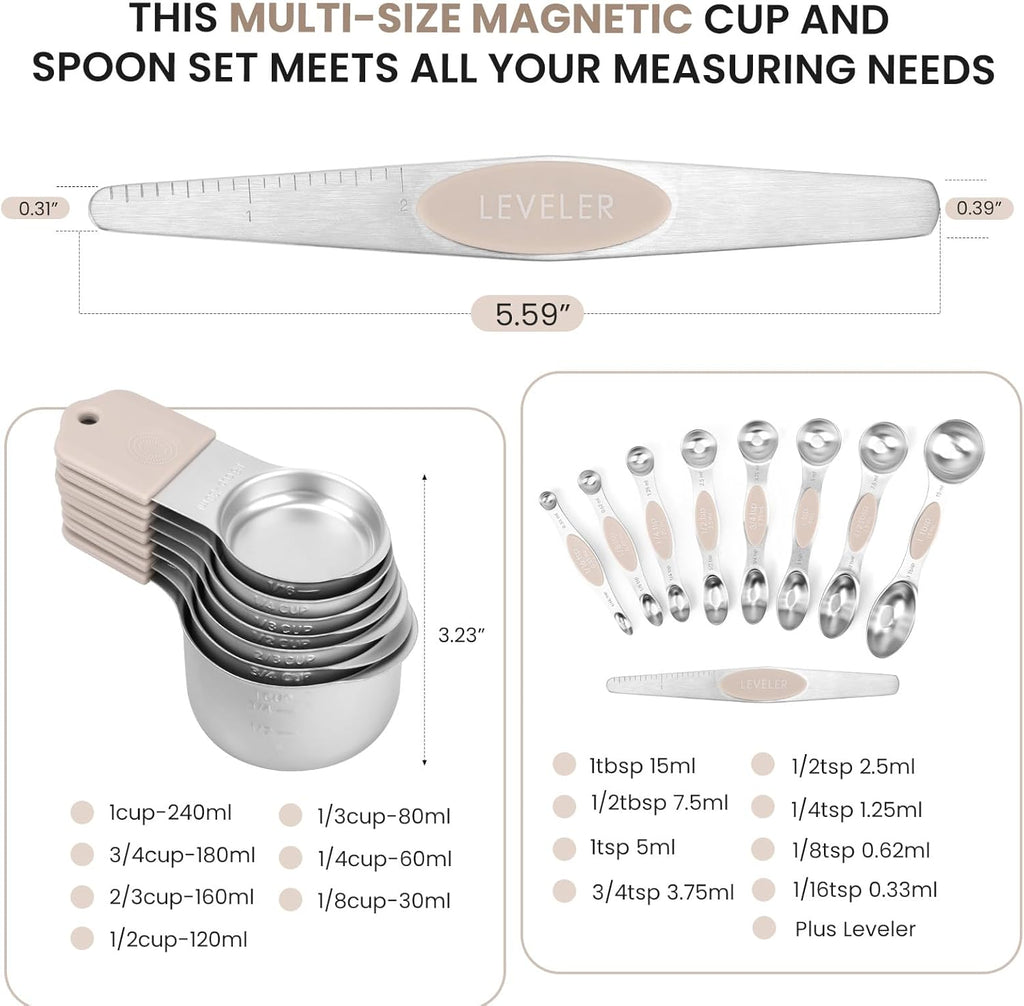 Magnetic Measuring Cups and Spoons Set-Heavy Duty 304 Stainless Steel，Double Measurement Markings，Set of 16 with Leveler for Measure Dry and Liquid Ingredients (khaki)