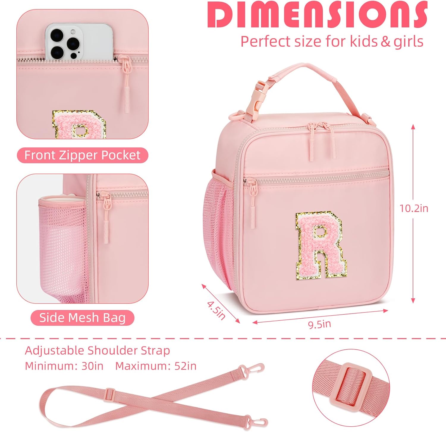 Initial Insulated Lunch Bag for Girls Kids, Back to School Gift, Reusable Leak-proof Lunch Box with Adjustable Strap for School Daycare Travel Picnic (Pink,R)