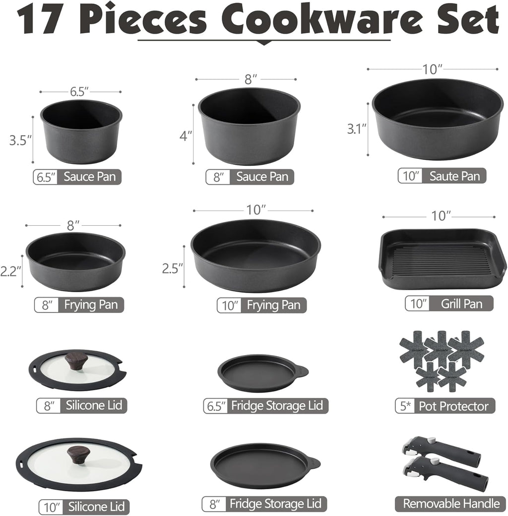 SENSARTE 17 Piece Pots and Pans Set, Nonstick Detachable Handle Cookware Set, Induction Kitchen Cookware Set with Removable Handle, Healthy Non Stick for RV, Dishwasher ＆ Oven Safe, PFOA Free (Black)