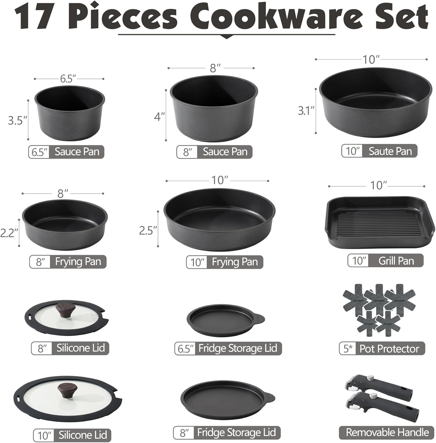 SENSARTE 17 Piece Pots and Pans Set, Nonstick Detachable Handle Cookware Set, Induction Kitchen Cookware Set with Removable Handle, Healthy Non Stick for RV, Dishwasher ＆ Oven Safe, PFOA Free (Black)