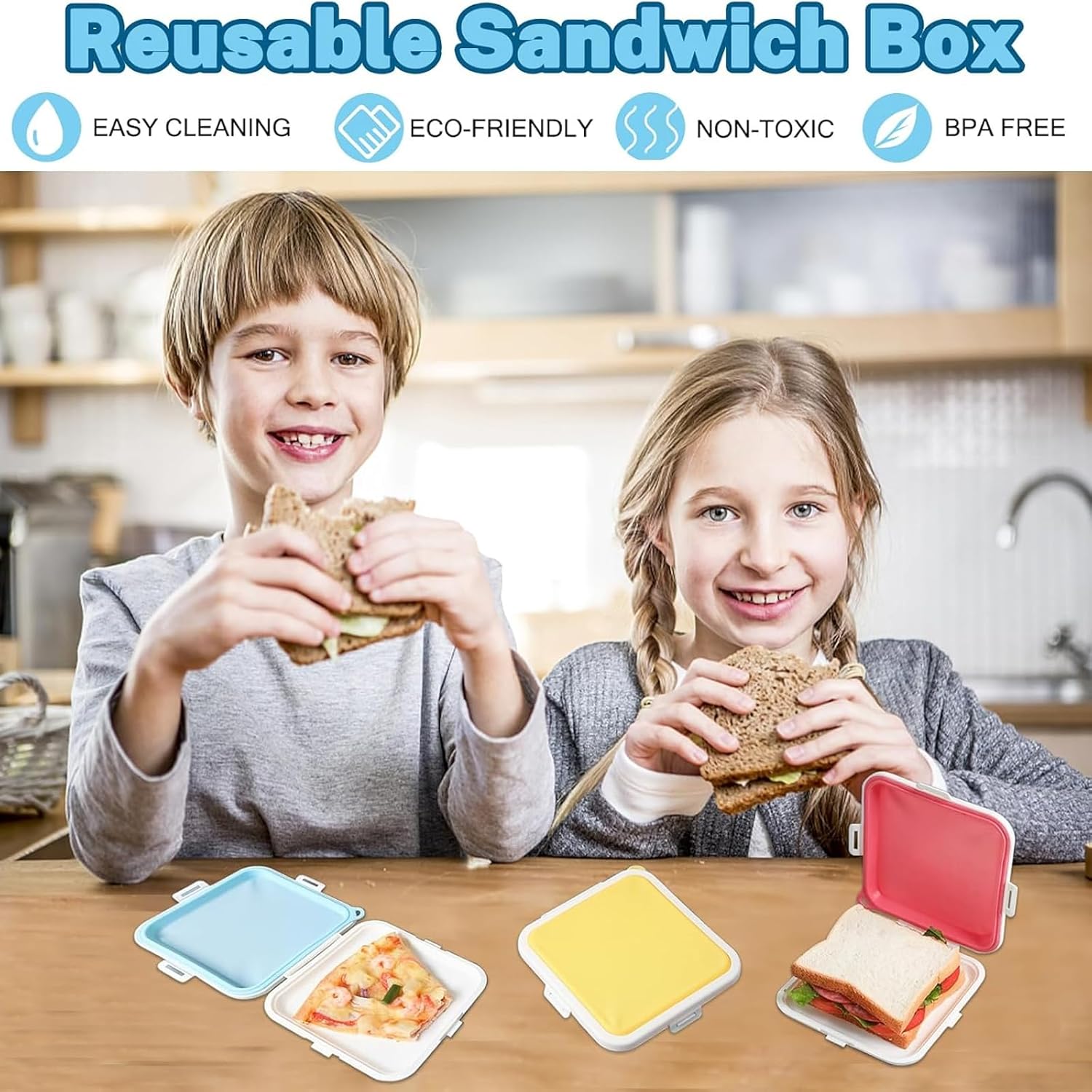 Sandwich Containers, Silicone Sandwich Storage with Snap-Off,Sandwich Box for Lunch,BPA Free,Leakproof, Reusable Plastic Sandwich Holder for Fruit,Salad,Snacks and Food Storage (Blue+Yellow)