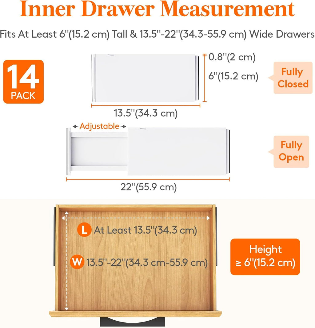 Lifewit 14 Pack Drawer Dividers Plastic 6" High, 13.5-22" Adjustable Drawer Organizers for Clothes, Expandable Dresser Separators in Bedroom/Bathroom/Kitchen/Fridge/Office Organization and Storage